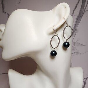 925 Silver Textured Oval Hoop Pearl Earrings